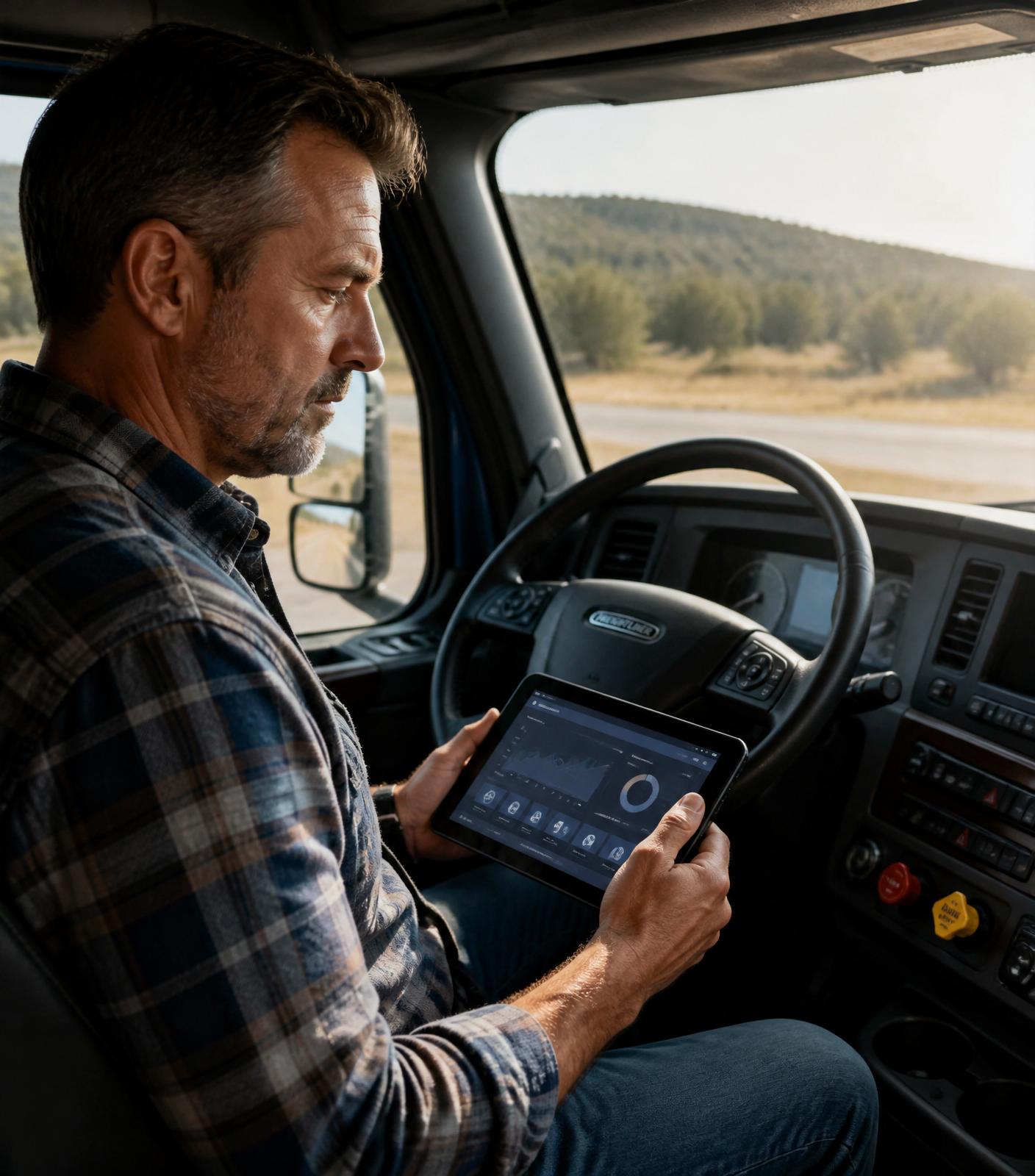 Truck driver reviewing electronic logs on a tablet inside a Freightliner cab