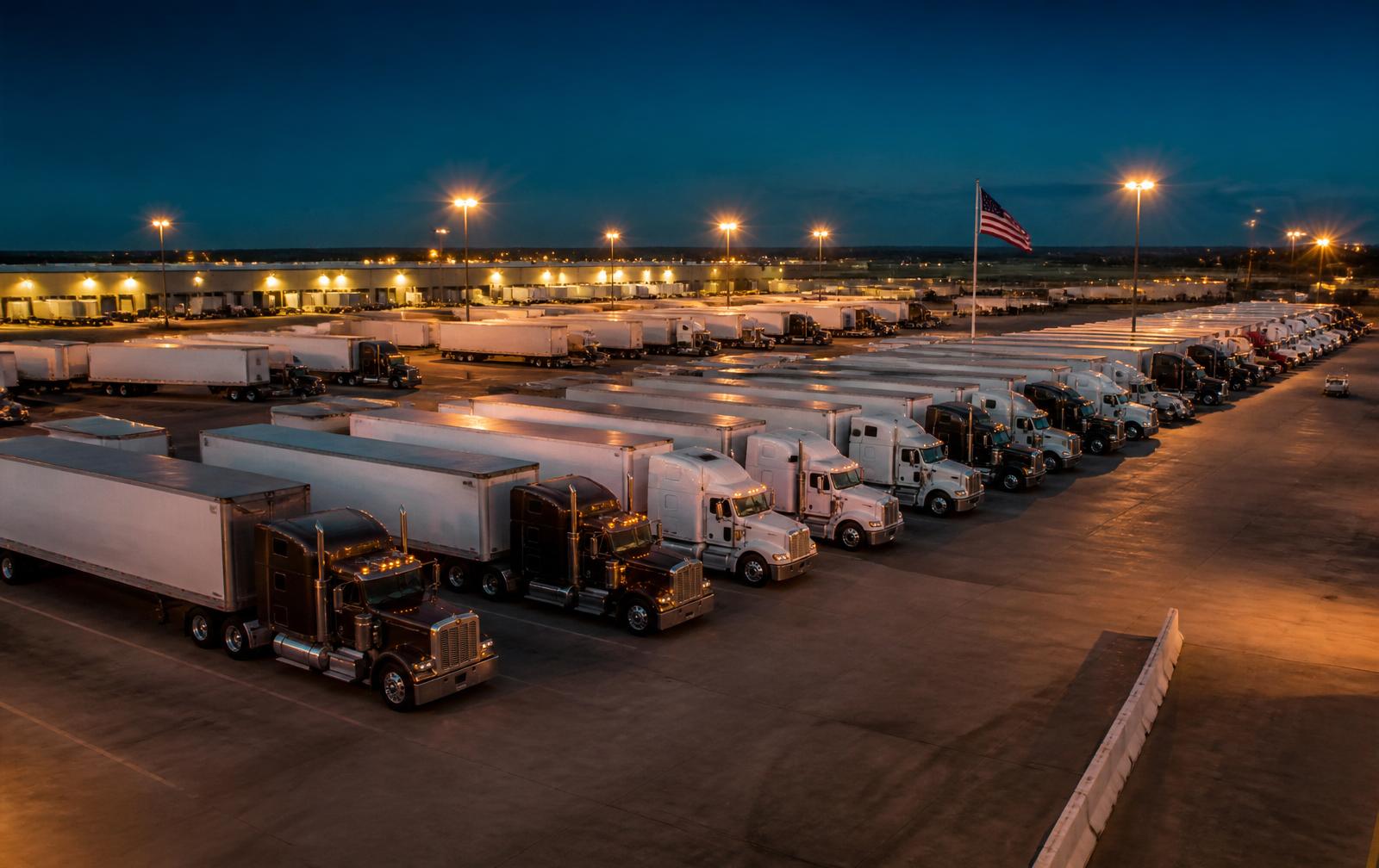 American distribution yard with rows of parked semi trucks