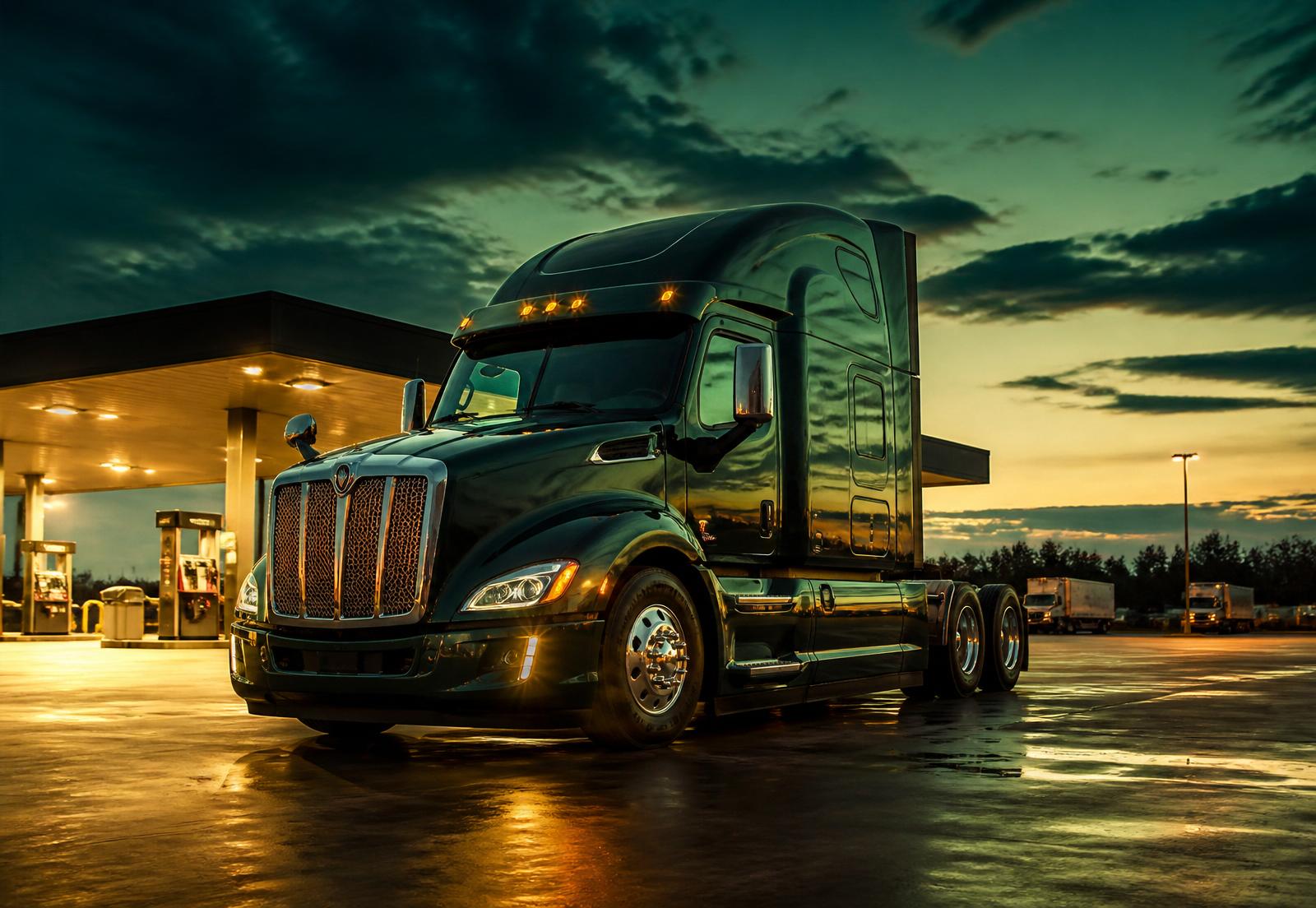 Peterbilt semi truck at an American truck stop at twilight